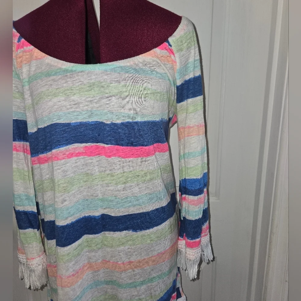 Lilly Pulitzer Blue Pink Linen Striped Fringe 3/4 Sleeve The Getaway Dress - Picture 2 of 9